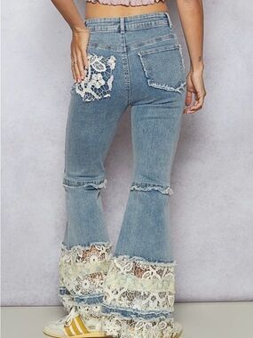 POL Light Blue Lace-Trim Flare Jeans